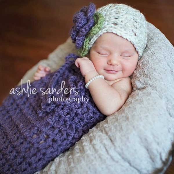 Swaddle Sack and Matching Beanie in Dusty Purple, Wheat and Olive Green in Newborn Size- MADE TO ORDER