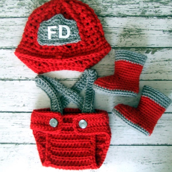 Firefighter Helmet in Red, Gray and White with Matching Boots and Diaper Cover Available in Newborn to 12 Month Size- MADE TO ORDER