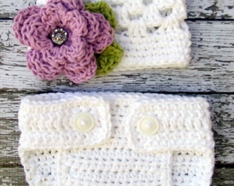 The Sofia Flower Beanie in White, Violet, and Celery with Matching Diaper Cover Available in Newborn to 24 Months Size- MADE TO ORDER