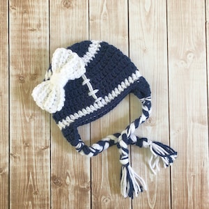 New York Giants Inspired Little Miss Football Beanie in Navy and White Available in Newborn to 5 Years Size- MADE TO ORDER