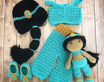 Princess Jasmine Inspired Costume and Matching Doll/Princess Jasmine Wig/Princess Jasmine Photo Prop Newborn to 12 Month Size- MADE TO ORDER