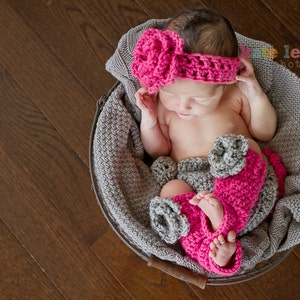 The Emma Beanie in Gray and Hot Pink with Matching Diaper Cover, Headband and Leg Warmers Available in 3 Sizes MADE TO ORDER image 2