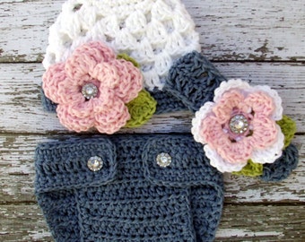 Sophia Flower Beanie, Headband and Matching Diaper Cover in White, Denim, Celery and Baby Pink Available in 4 Sizes- MADE TO ORDER