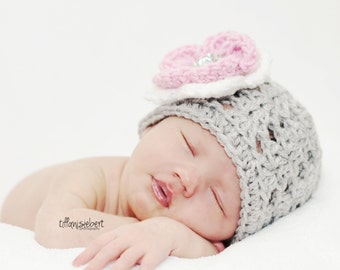 The Ashlee Beanie in Silver Gray, Baby Pink and White Available in Newborn to Tween Size- MADE TO ORDER