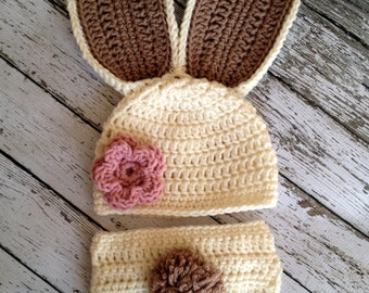 Bunny Beanie/Bunny Costume/Easter Costume/Floppy Ears/Bunny Hat and Matching Diaper Cover in Size Newborn to 24 Months Size- MADE TO ORDER