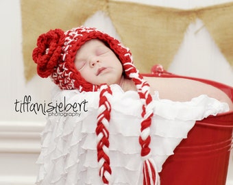 Candy Cane Stripe Beanie in Red and White Available in Newborn to Adult Size- MADE TO ORDER