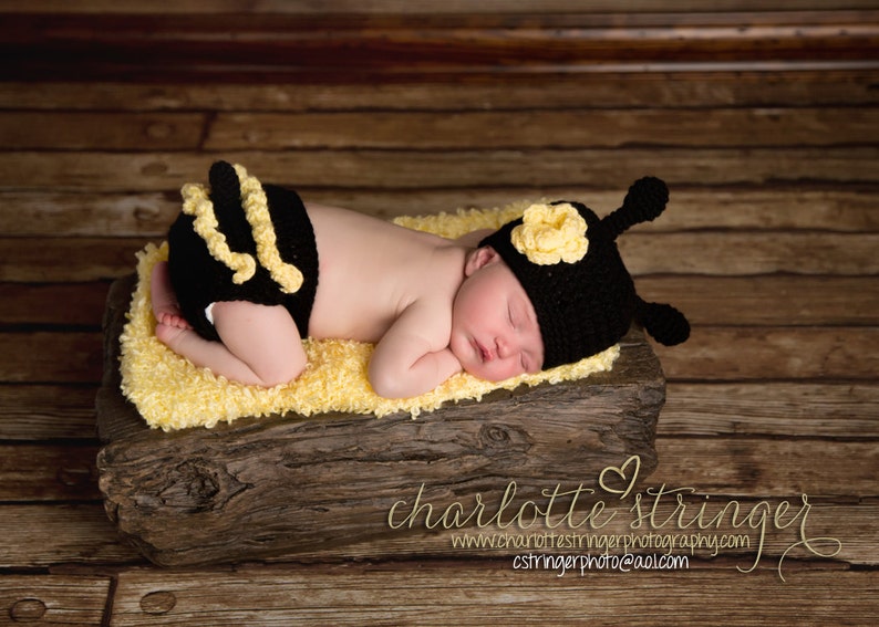 Little Miss Bumble Bee Beanie and Matching Diaper Cover in Black and Yellow Available in Newborn to 24 Months Size MADE TO ORDER image 2