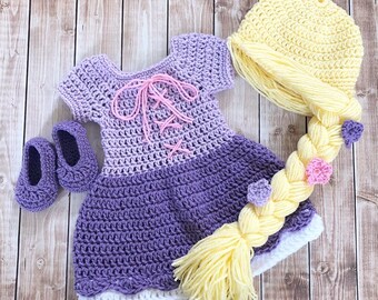 Princess Rapunzel Inspired Costume/ Crochet Rapunzel Wig/Princess Dress/Princess Photo Prop Newborn to 12 Month Size-MADE TO ORDER