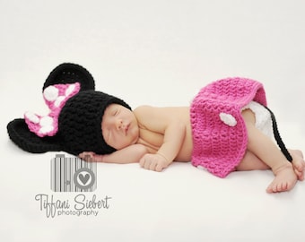 Minnie Mouse Inspired Hat and Skirt Diaper Cover Available in Newborn to 12 Month Size- MADE TO ORDER