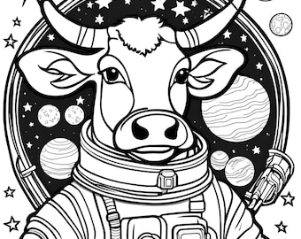May include: A monochrome illustration of a cow in a spacesuit, set against a backdrop of planets and stars. The cow has horns and is surrounded by a circular frame with celestial elements. The image is a line drawing.