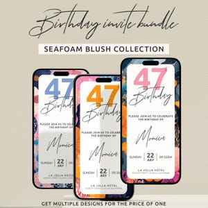 47th Birthday Invitation – Digital Party Invite Bundle | Seafoam Blush Design | Custom Phone 47th BDay E-Vite Template | Editable Download
