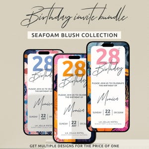 28th Birthday Invitation – Digital Party Invite Bundle | Seafoam Blush Design | Custom Phone 28th BDay E-Vite Template | Editable Download