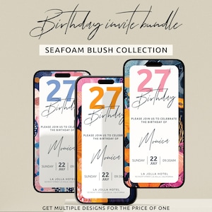 27th Birthday Invitation – Digital Party Invite Bundle | Seafoam Blush Design | Custom Phone 27th BDay E-Vite Template | Editable Download