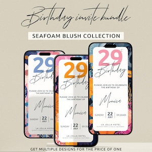 29th Birthday Invitation – Digital Party Invite Bundle | Seafoam Blush Design | Custom Phone 29th BDay E-Vite Template | Editable Download