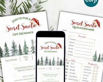Secret Santa Invitation & Questionnaire Bundle • Christmas Gift Exchange Invite • Editable Template