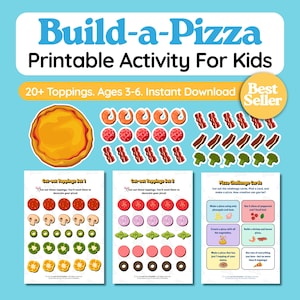 Pode incluir: Uma atividade imprimível "Construa uma Pizza" para crianças, com uma base de pizza, vários ingredientes como camarões, pepperoni, bacon e vegetais, e cartões de desafio. O design inclui o texto "Mais de 20 coberturas. Idades 3-6. Download instantâneo" e um distintivo de "Mais vendido".