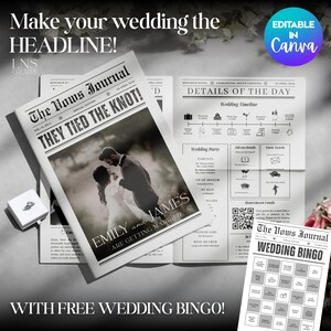 Op de afbeelding: Een ontwerp van een trouw-krant met de kop "THEY TIED THE KNOT!" toont een foto van een stel en de namen "EMILY and JAMES ARE GETTING MARRIED". Bevat een bruilofttijdlijn, details en een "WEDDING BINGO" spel.