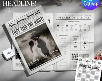 Programa de Periódico de Bodas Editable: Orden de Servicio Retro (Digital)