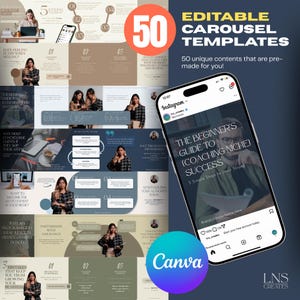 以下が含まれることがあります： 50個の編集可能なカルーセルテンプレートの広告。テンプレートはInstagram用で、コーチングビジネス向けに設計されています。画像には、「The Beginner's Guide to Coaching Niche Success」というテキストが表示されたテンプレートを表示するスマートフォンが含まれています。