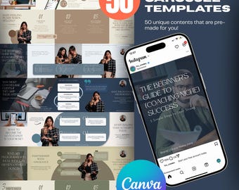 Plantillas de carrusel editables de Canva, diseño minimalista de Instagram, gestión profesional de redes sociales, negocios, coaching y marketing.