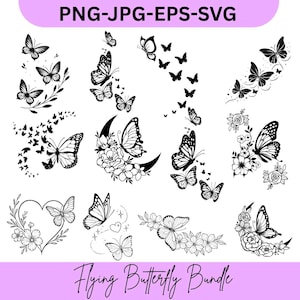 Butterfly Silhouette SVG Bundle: Flying Butterflies Clipart, PNG, Vector