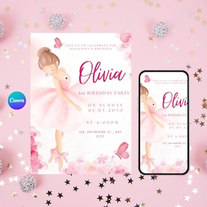 Pink Ballerina Birthday Invitation: Ballet Party, First Birthday (Digital Template