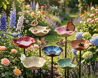 Ceramic Bee Waterer & Hummingbird Feeder Stake - Flower Butterfly Puddler - Pollinator Garden Bird Bath - Outdoor Yard Art Decor