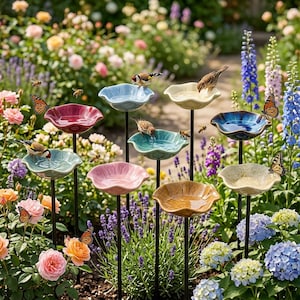 May include: A collection of nine ceramic bird baths on thin black metal stakes, each featuring a scalloped, flower-shaped basin in various colors including blue, pink, yellow, and red, arranged at different heights in a garden.