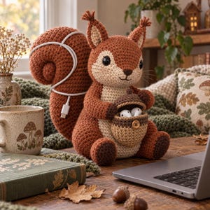 Peut inclure: Une figurine d'écureuil crochetée en brun et beige avec une grande queue enroulée autour d'un câble de charge blanc. L'écureuil possède une petite pochette en forme de gland sur le devant contenant des écouteurs sans fil blancs, fermée par un bouton.