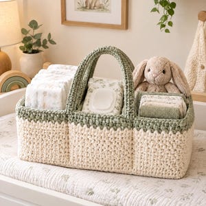 May include: A rectangular, two-toned crochet storage basket featuring a cream-colored base and a sage green upper section with two integrated handles. The basket is divided into three compartments containing stacks of diapers, a wipe pack, and a plush bunny.