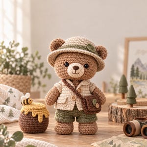 May include: A brown crocheted bear wearing a beige explorer hat with a green leaf, a beige vest, and green shorts. The bear has a brown crossbody bag with a leaf detail and a button. Beside the bear is a brown crocheted honey pot with yellow honey and a small bee.
