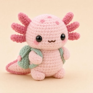 Peut inclure: Une peluche axolotl crochetée rose clair avec une tête arrondie, trois branchies externes de chaque côté, de grands yeux noirs en plastique, une petite bouche brodée et un sac à dos crocheté vert clair porté sur les épaules.
