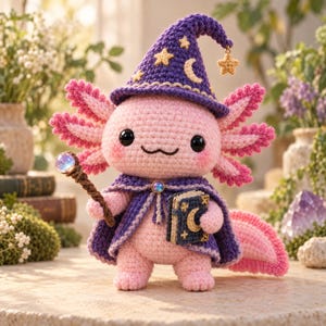 Peut inclure: Une peluche axolotl crochetée rose portant un chapeau de magicien violet avec des étoiles jaunes et un croissant de lune, une cape violette assortie avec une attache bijou bleue, tenant un bâton marron avec un orbe et un livre bleu doré.