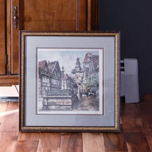 European Town Square Watercolor Print | Architecture Framed Wall Decor Clock tower