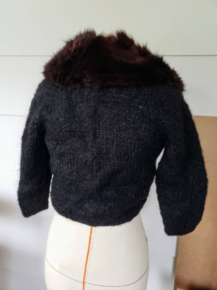 Fur lined Short Black knit sweater womens cardigan button | Etsy