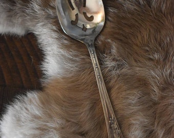 8 inch Pierced tablespoon Meadowbrook WM A Rogers A1 serving spoon solid silverplate