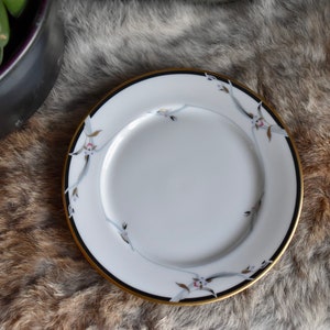 Può includere: Un piatto in porcellana bianca con un bordo nero e dorato. Il piatto presenta un motivo floreale con delicati fiori bianchi e accenti dorati.