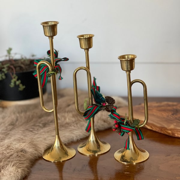 Trumpet Brass Candlestick holder horn | vintage mid century modern home decor holiday Christmas trio set