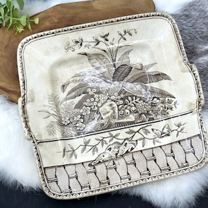 Puede incluir: Plato cuadrado color crema con un diseño botánico detallado en tonos sepia. El plato presenta un arreglo floral central y un borde con un patrón de cesta tejida. Incluye pequeñas asas en los lados.