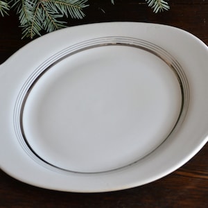Silver Age Limoges American 15&quot; Oval Serving Platter white + Platinum Rings Candle Light Art Deco minimalist tableware