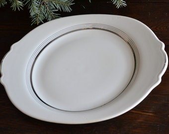 Silver Age Limoges American 15" Oval Serving Platter white + Platinum Rings Candle Light Art Deco minimalist tableware