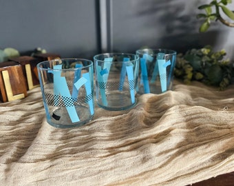Three (3) Abstract tumbler glass blue lines + black dots atomic retro barware old fashioned drinks mid century
