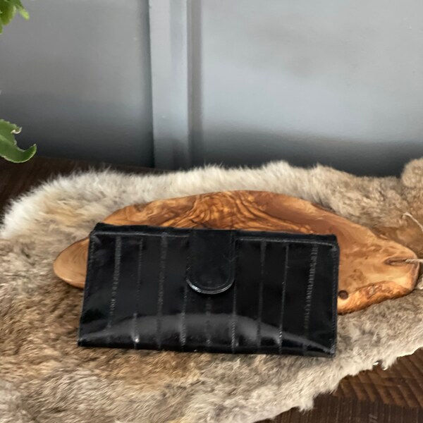 Lee Sands black eel leather wallet checkbook holder small clutch 1990s 90s fashion accessory