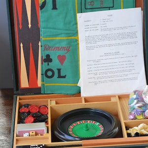 ES Lowe Popper Multigioco Scacchi Backgammon Cribbage Roulette Ramino Verde Custodia da trasporto / Sala giochi per feste grande