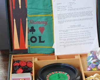 ES Lowe Popper Multi Game Chess Backgammon cribbage ruleta Rummy verde Estuche de transporte / sala de juegos de fiesta grande