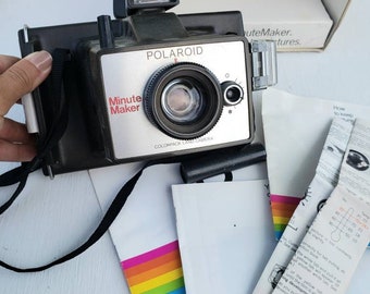 Cámara retro Polaroid MinuteMaker Land / paquete de colores de la década de 1980 con fotografía de caja original cómo guía la imagen instantánea