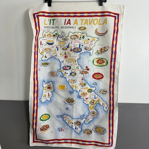 22 x 35” Linen Italian Food Tea Towel | Retro Kitchen Decor red yellow woven map wall decor frameable vibrant 100% cotton souvenir
