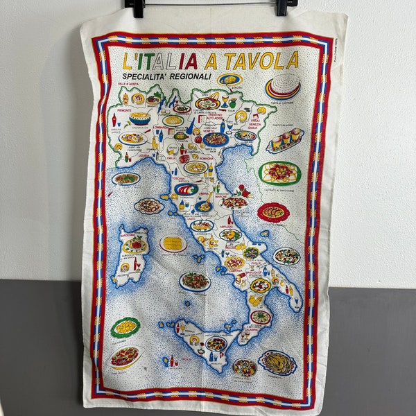 22 x 35” Linen Italian Food Tea Towel | Retro Kitchen Decor red yellow woven map wall decor frameable vibrant 100% cotton souvenir