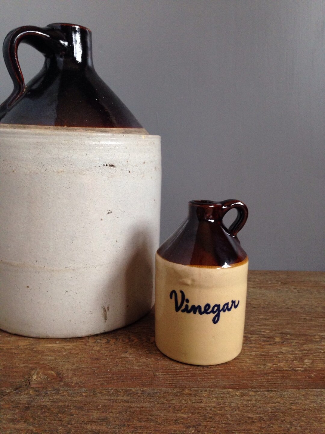 Small Vintage Vinegar Jug Primitive Two Tone Kitchen Decor Crockery