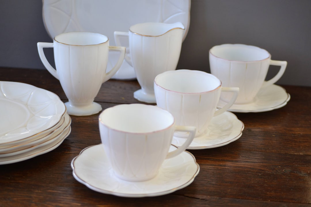 Milk Glass Luncheon Set Tea Cup Saucer Cream Sugar Salad Plate Gold
